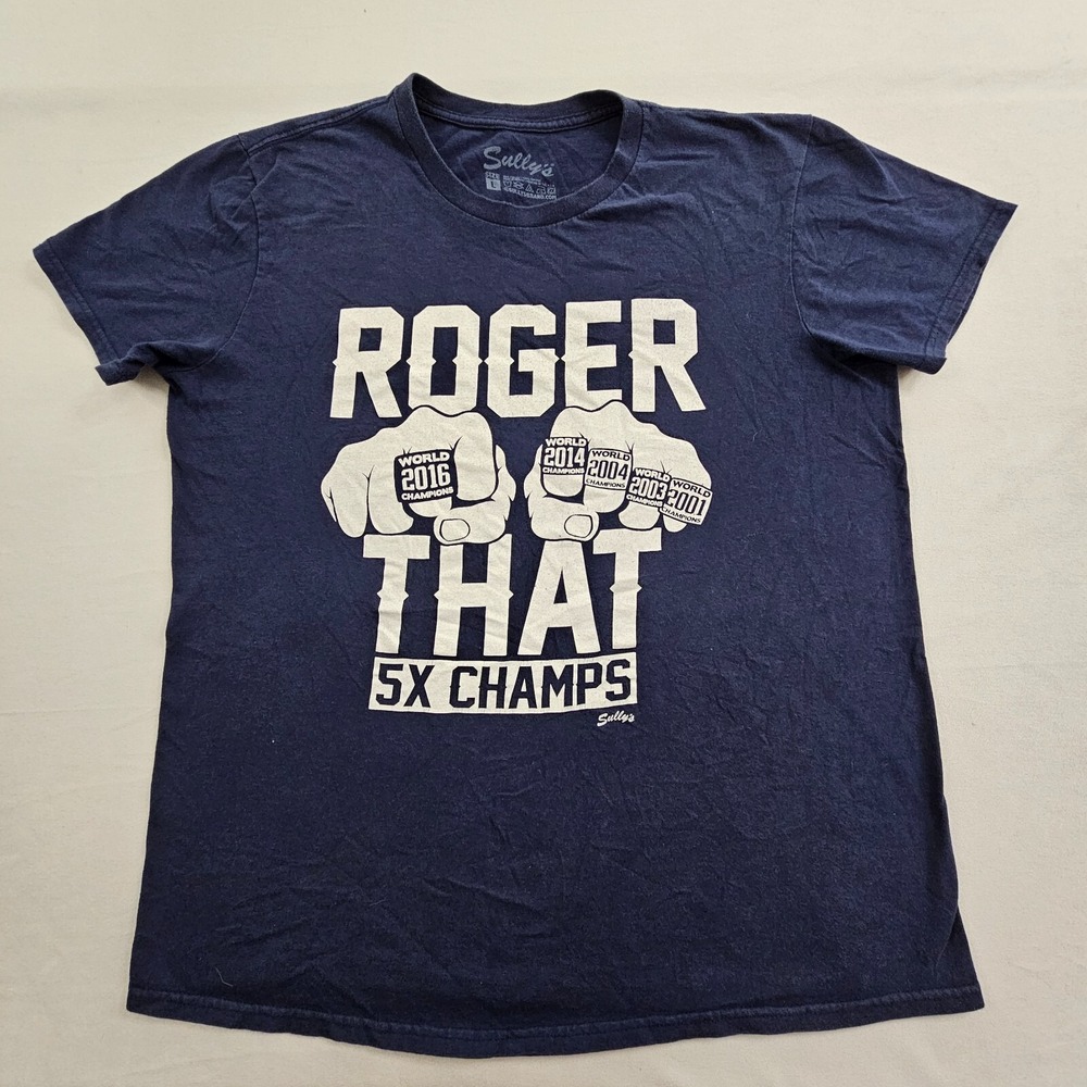 NE Patriots 5X Champs Roger That Sully's Blue Short Sleeve T-Shirt Men's L